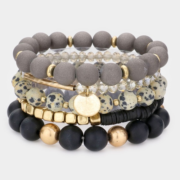 5 piece black gold semi precious stone beaded stretch bracelet - Picture 1 of 4